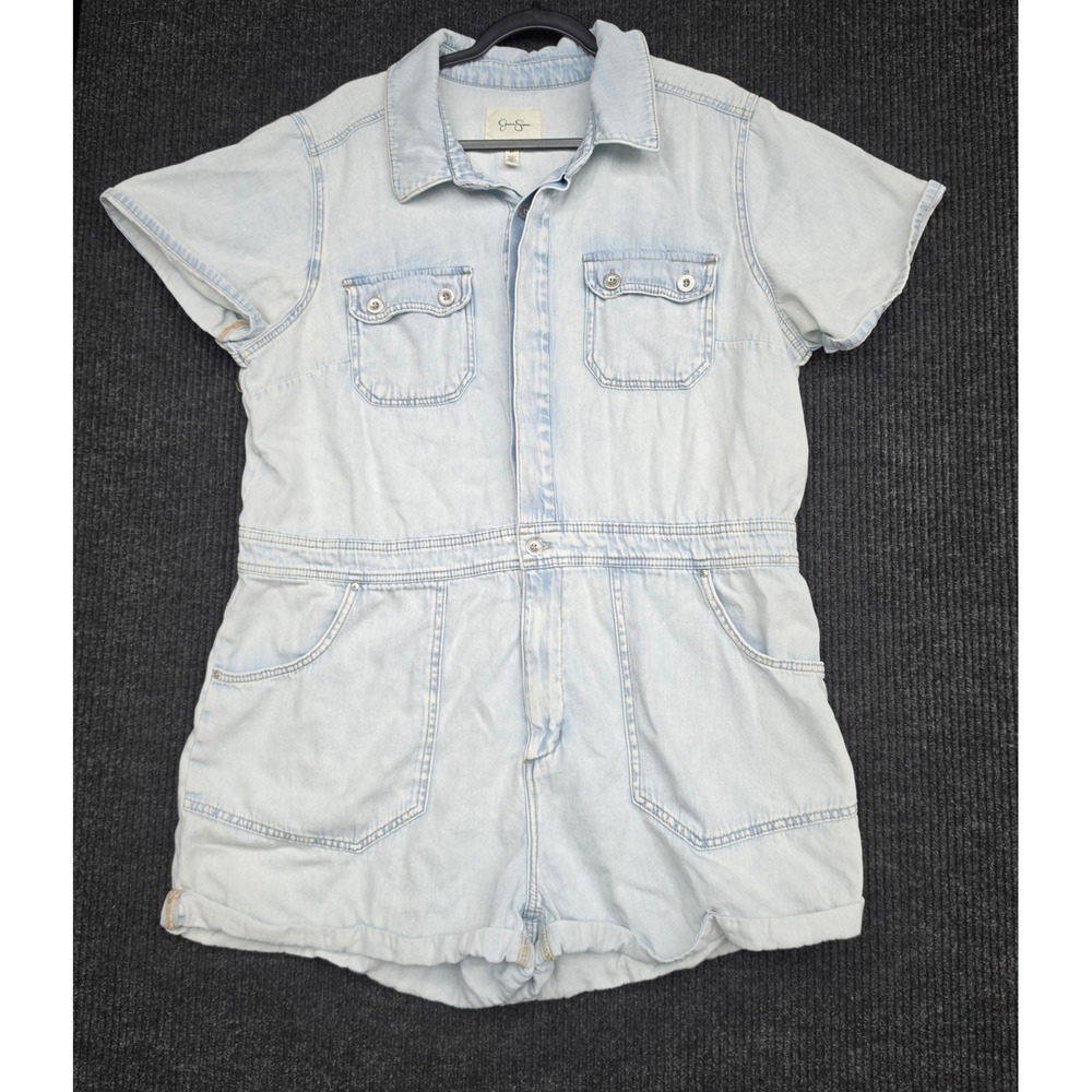 Jessica Simpson Womens 2X Light Wash Denim Romper Short Sleeve Cotton Utility